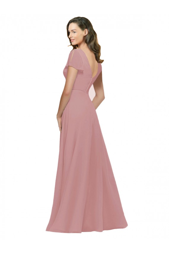 Best Flutter Sleeves Short Chiffon Bridesmaid Dress with Tie Belt UK