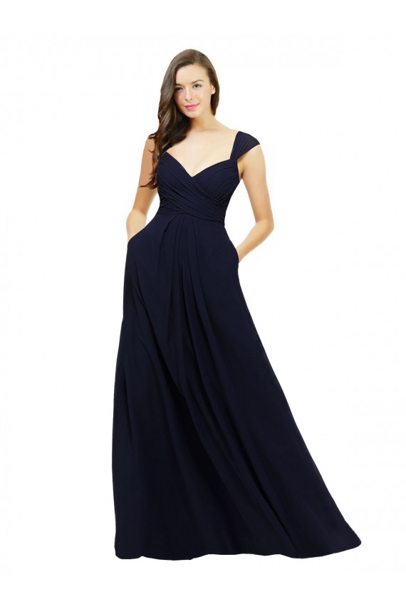 Best Chiffon Bridesmaid Dress with Rouched Draped Bodice and Watteau Back UK