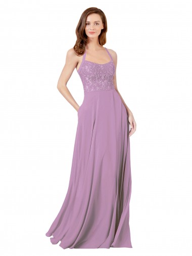 Best Floral Detailed Chiffon Bridesmaid Dress with Keyhole Back UK