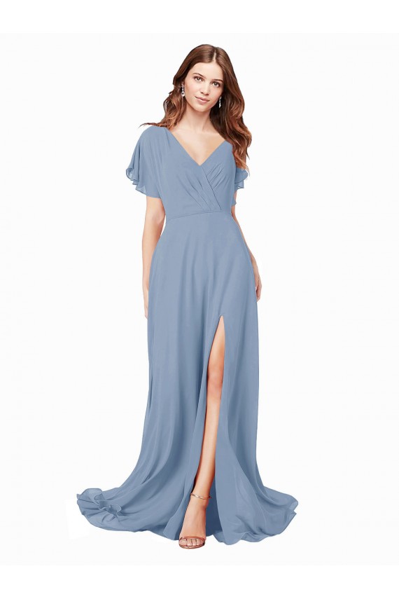 Best Chiffon Bridesmaid Dress / Prom Dress with Flutter Sleeves and Front Slit UK