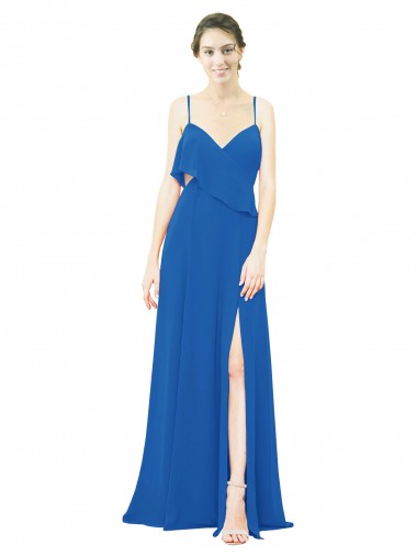 Best Spaghetti Strap Chiffon Bridesmaids Dress with Asymmetrical Ruffle and Front Slit UK