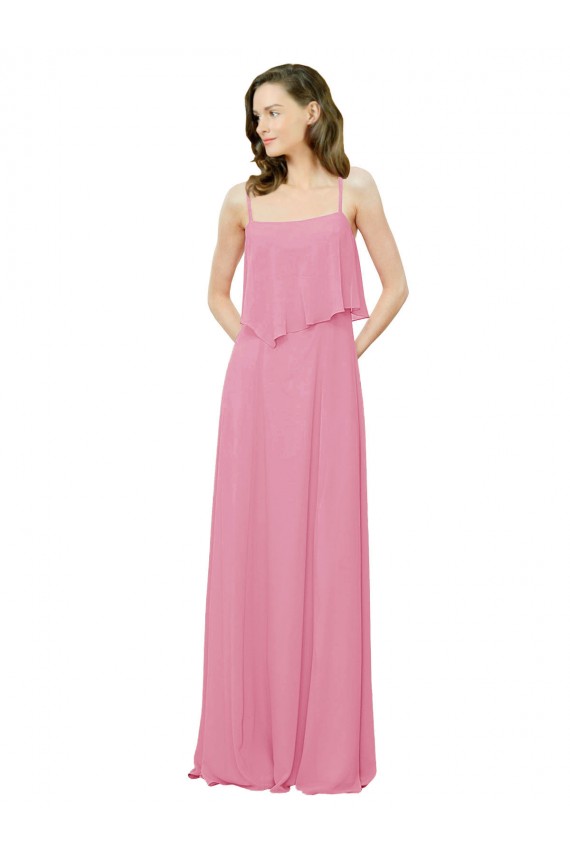 Best Spaghetti Strap Chiffon Bridesmaids Dress with Ruffle Overlay UK