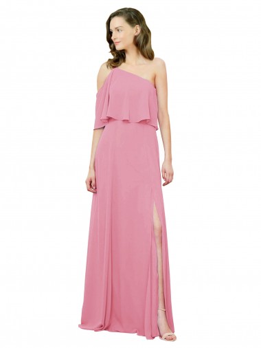 Best Sleeved One Shoulder Chiffon Bridesmaids Dress with Draped Ruffle Overlay UK