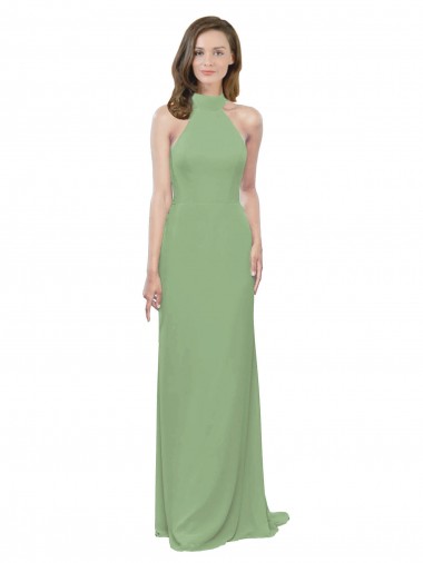 Best High Collar Halter Neck Chiffon Bridesmaid Dress with Long Back Tie UK