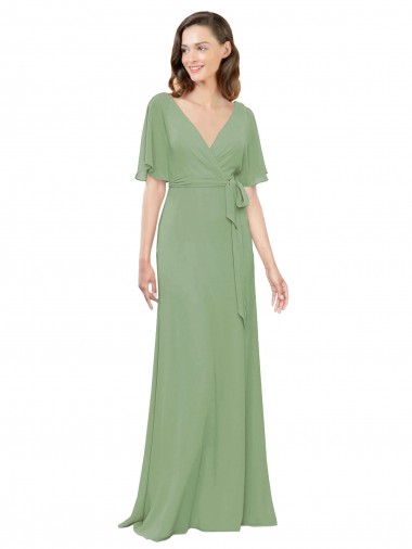 Best Chiffon V-Neckline Wrap Bridesmaids Dress With Double Flutter Sleeve UK