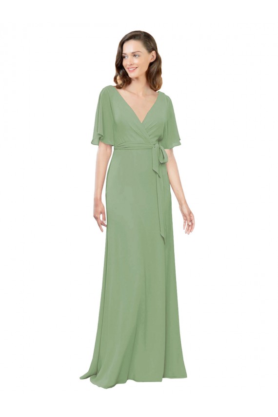 Best Chiffon V-Neckline Wrap Bridesmaids Dress With Double Flutter Sleeve UK