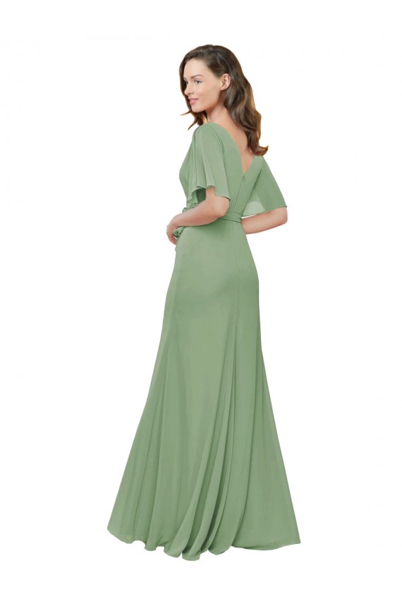Best Chiffon V-Neckline Wrap Bridesmaids Dress With Double Flutter Sleeve UK
