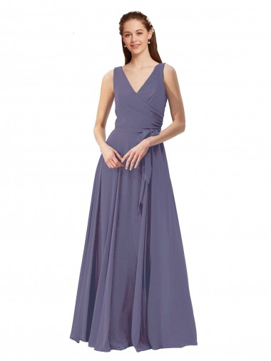 Best V-Neck Long Draped A-Line Chiffon Bridesmaid Dress UK