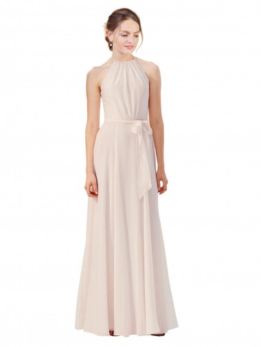 Best Tie Neck Long Chiffon A-Line Bridesmaid Dress with Sheer Back UK