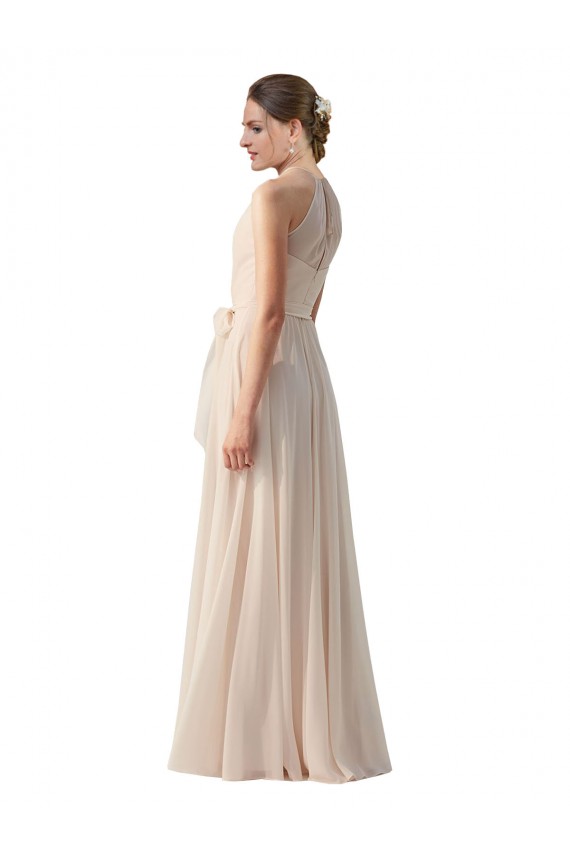 Best Tie Neck Long Chiffon A-Line Bridesmaid Dress with Sheer Back UK