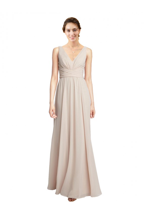 Best Long V-Neck Chiffon Bridesmaids Dress with Double Straps UK