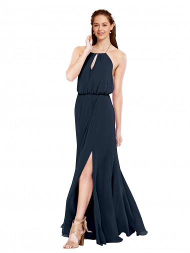 Best Grecian Style Halter Chiffon Bridesmaid Dress with Keyhole and Slit UK