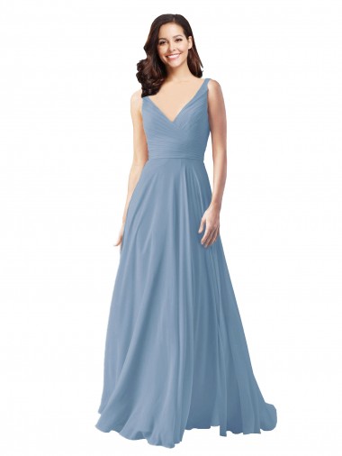 Best Long Chiffon V-Neck and Self Sash Bridesmaid Dress with Shirred Criss Cross Bodice UK