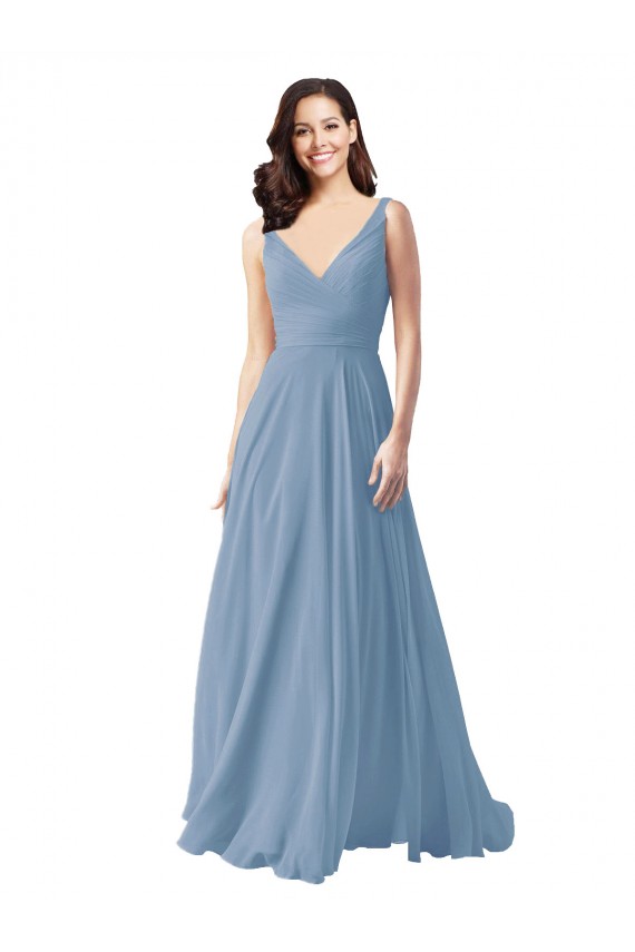 Best Long Chiffon V-Neck and Self Sash Bridesmaid Dress with Shirred Criss Cross Bodice UK