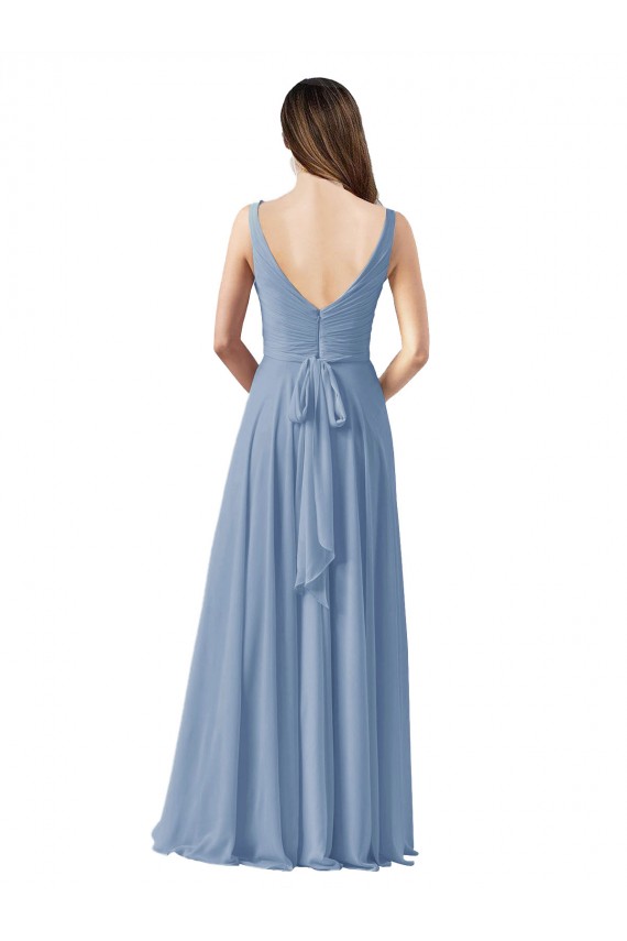 Best Long Chiffon V-Neck and Self Sash Bridesmaid Dress with Shirred Criss Cross Bodice UK
