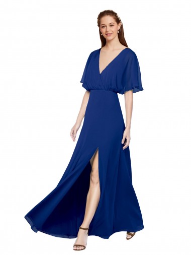 Best V-Neck Long Chiffon Bridesmaid Dress with Dolman Sleeved Bodice and Slit UK