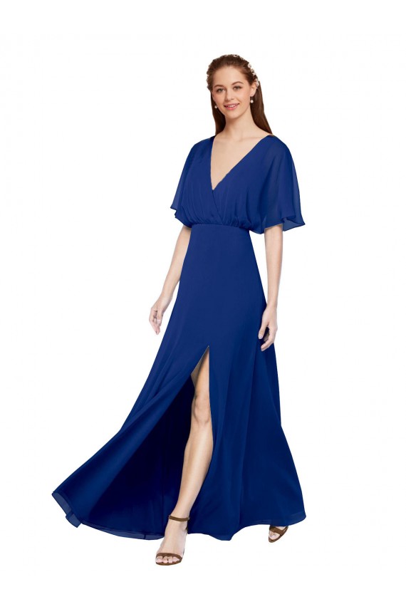 Best V-Neck Long Chiffon Bridesmaid Dress with Dolman Sleeved Bodice and Slit UK