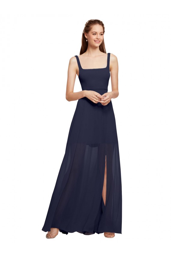 Best Squre Necked Long Chiffon Bridesmaid Dress with Front Slit UK