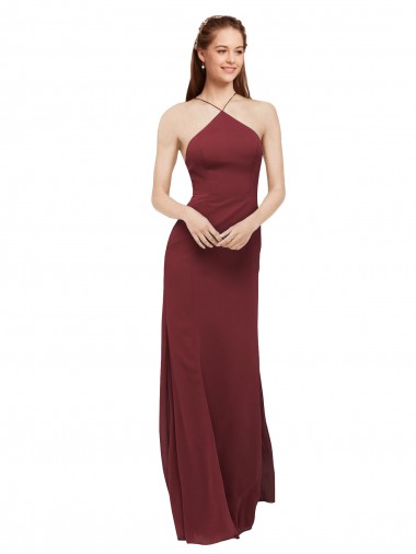 Best High Halter Neck Long Chiffon Bridesmaid Dress with Low Scoop Back UK