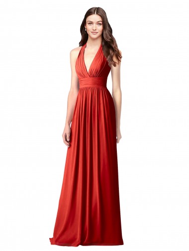 Best Halter V-Neck A-Line Chiffon Bridesmaid Dress with Shirred Skirt UK