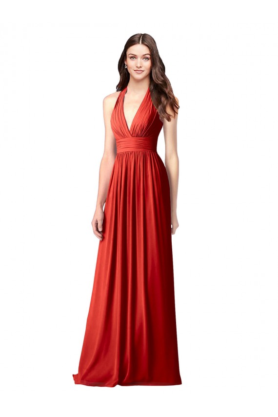 Best Halter V-Neck A-Line Chiffon Bridesmaid Dress with Shirred Skirt UK