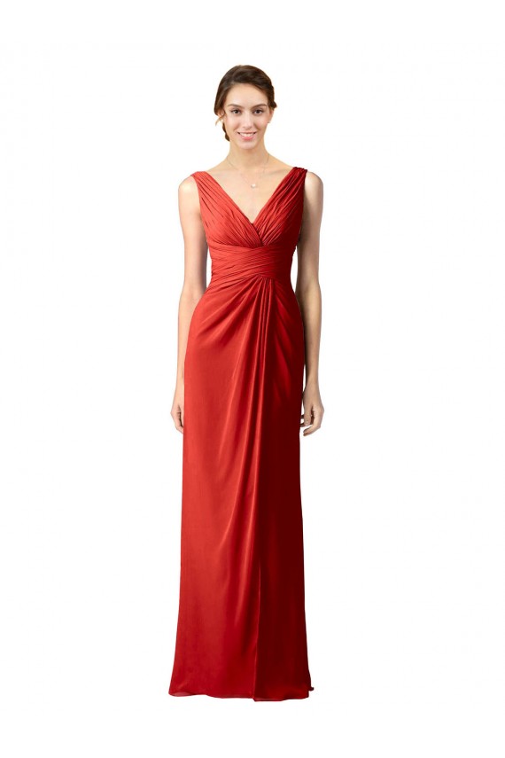 Best Shirred Long Floor Length Chiffon Bridesmaid Dress with V-Back UK