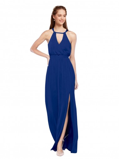 Best High Keyhole Neck Long Chiffon Bridesmaid Dress with Slit UK