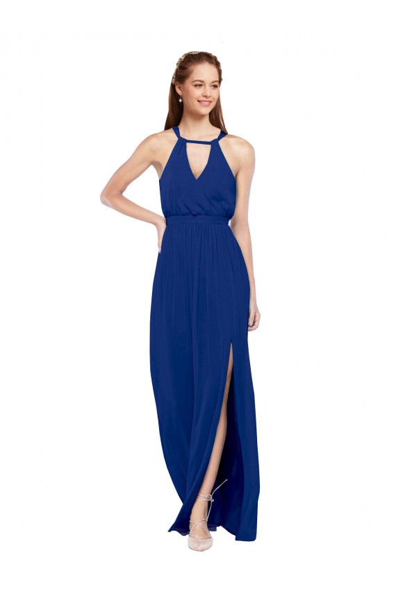Best High Keyhole Neck Long Chiffon Bridesmaid Dress with Slit UK