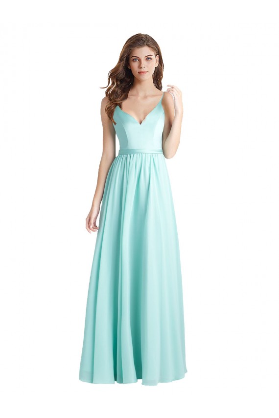 Best Long V-Neck Chiffon Bridesmaid Dress with Satin Bodice UK