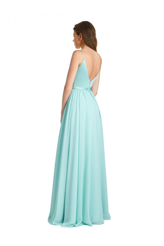 Best Long V-Neck Chiffon Bridesmaid Dress with Satin Bodice UK