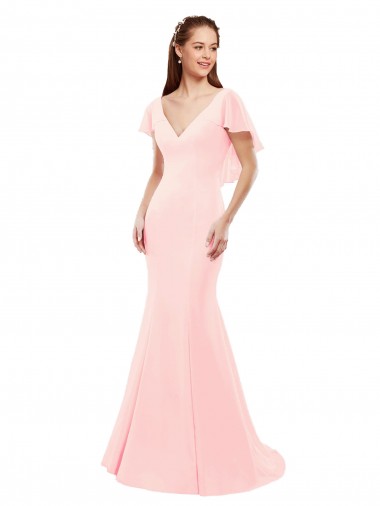 Best Fit and Flare Chiffon Bridesmaid Dress with V-Neck and Flutter Sleeves UK