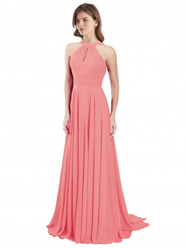 Best Draped A-Line Chiffon Bridesmaid Dress with Halter Keyhole Neckline UK