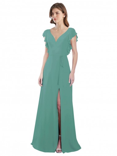 Best Full Length Chiffon Bridesmaid Dress with Ruffled Cap Sleeves and Side Slit UK
