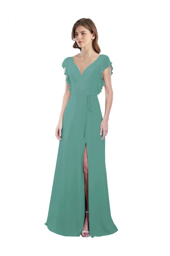 Best Full Length Chiffon Bridesmaid Dress with Ruffled Cap Sleeves and Side Slit UK