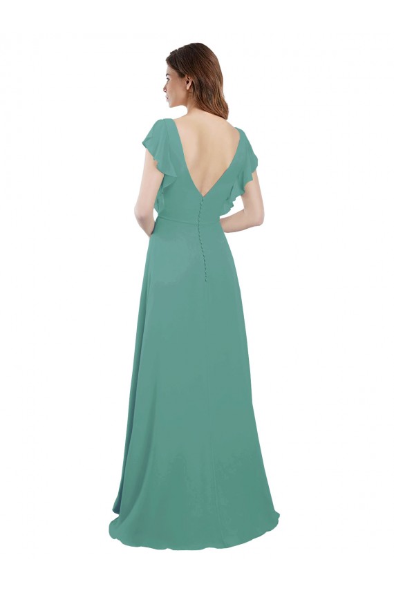 Best Full Length Chiffon Bridesmaid Dress with Ruffled Cap Sleeves and Side Slit UK