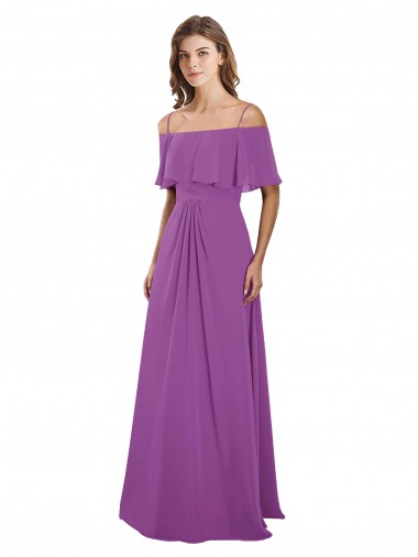 Best Draped Off The Shoulder Chiffon Bridesmaid Dress with Spaghetti Straps and Ruffled Neckline UK