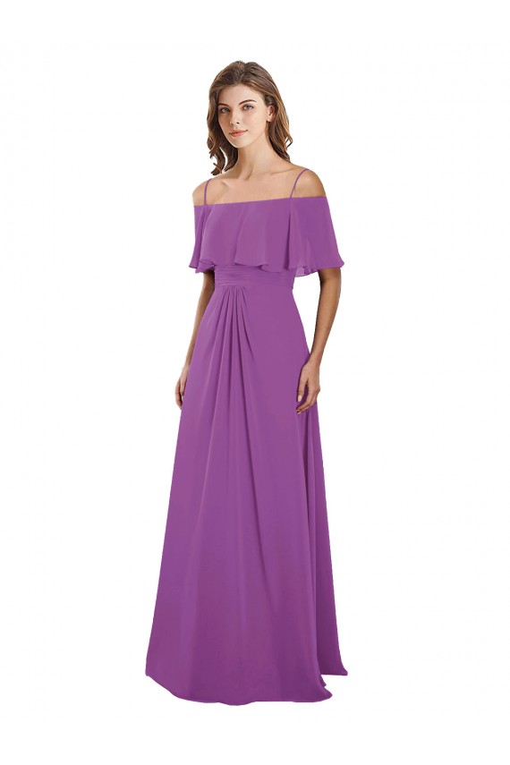 Best Draped Off The Shoulder Chiffon Bridesmaid Dress with Spaghetti Straps and Ruffled Neckline UK