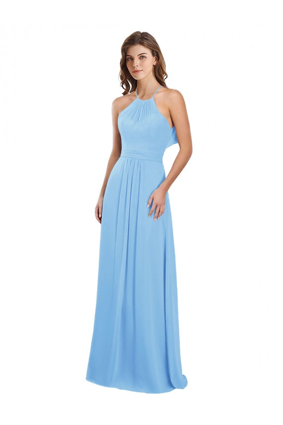 Best Chiffon A-Line Bridesmaid Dress with Halter Neck and Ruffled Back Straps UK