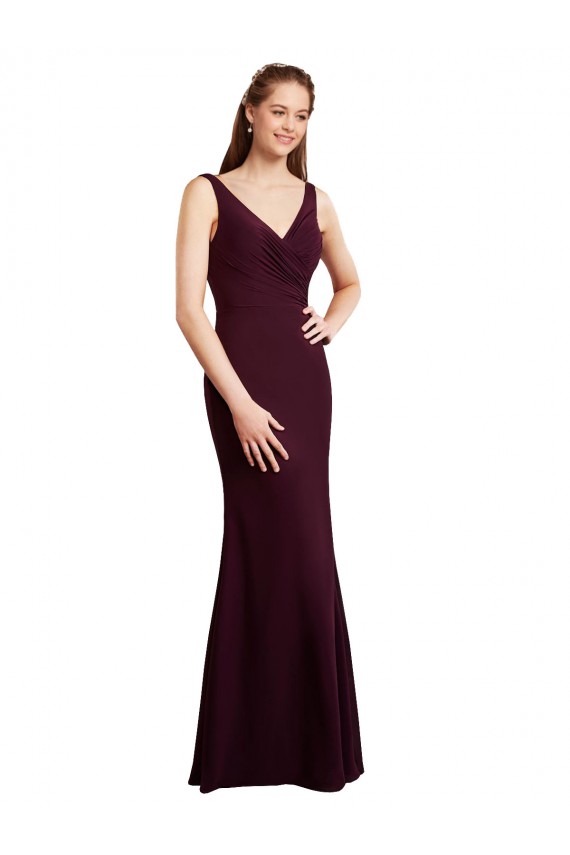 Best Floor Length Fluted Chiffon Dress with Draped Bodice and V-Neckline UK