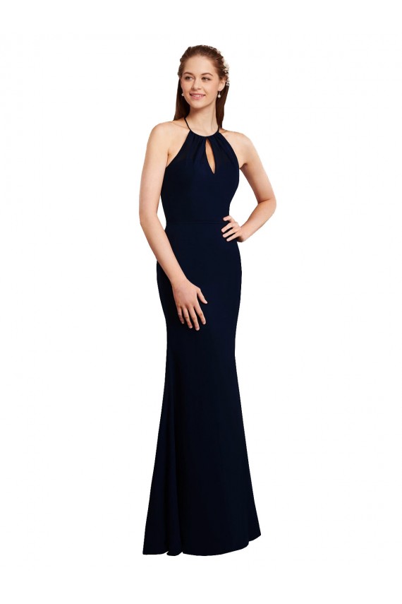 Best Fluted Long Chiffon Bridesmaid Dress with Halter Neckline and Keyhole UK