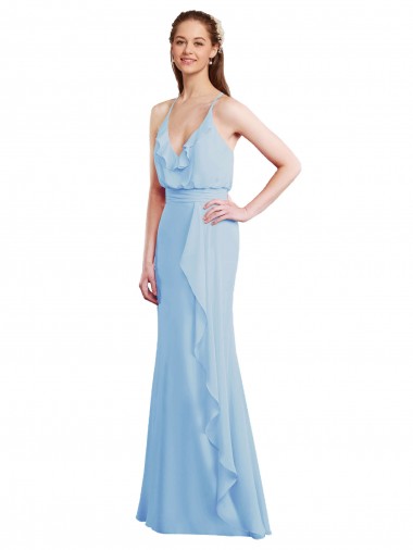 Best Fluted Long Chiffon Bridesmaid Dress with Cascading Ruffles UK