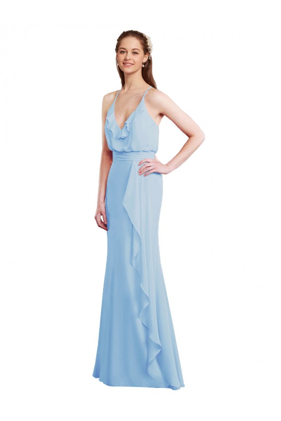 Best Fluted Long Chiffon Bridesmaid Dress with Cascading Ruffles UK