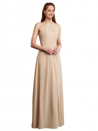 Best Draped Halter Neck Long Chiffon Bridesmaid Dress with Tie Back UK
