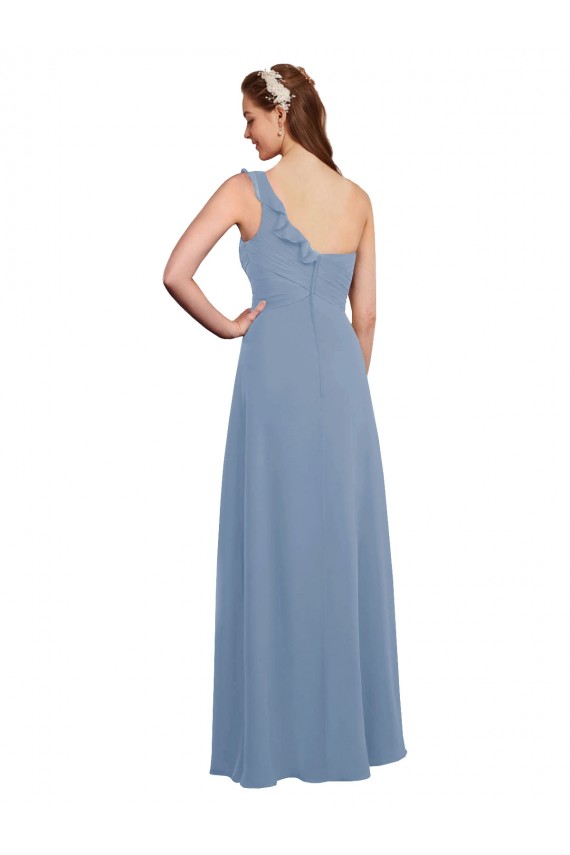 Best Single Shoulder Strap Long Chiffon Bridesmaid Dress with Cascading Ruffles UK