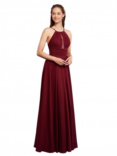 Best Long A-Line Halter Neck Chiffon Bridesmaid Dress with Draped Bodice UK