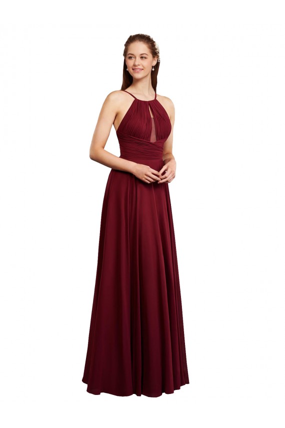 Best Long A-Line Halter Neck Chiffon Bridesmaid Dress with Draped Bodice UK