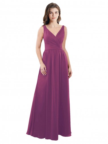 Best Long Chiffon A-Line Bridesmaid Dress with V-Neck Wrap Bodice UK