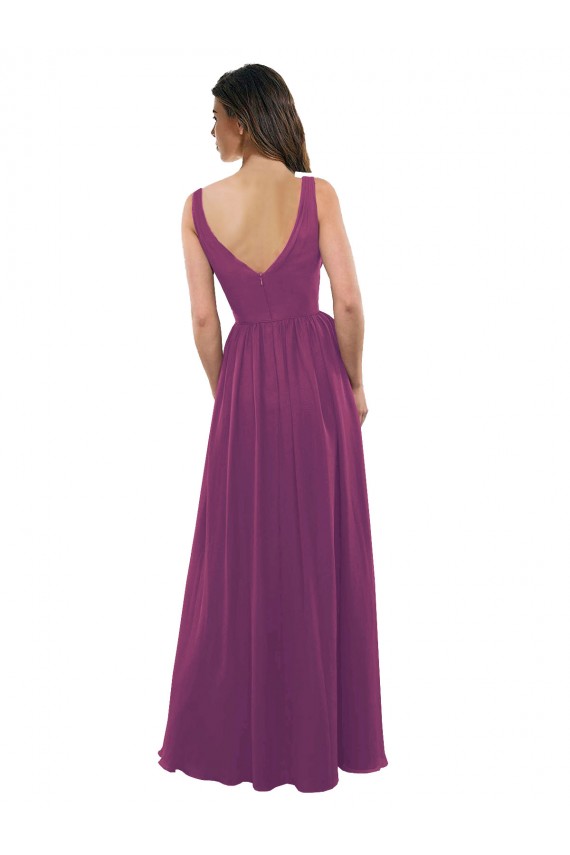 Best Long Chiffon A-Line Bridesmaid Dress with V-Neck Wrap Bodice UK
