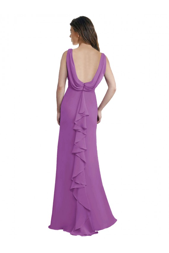 Best V-Shaped Neckline Long Chiffon Bridesmaid Dress with Cascading Ruffles Back UK
