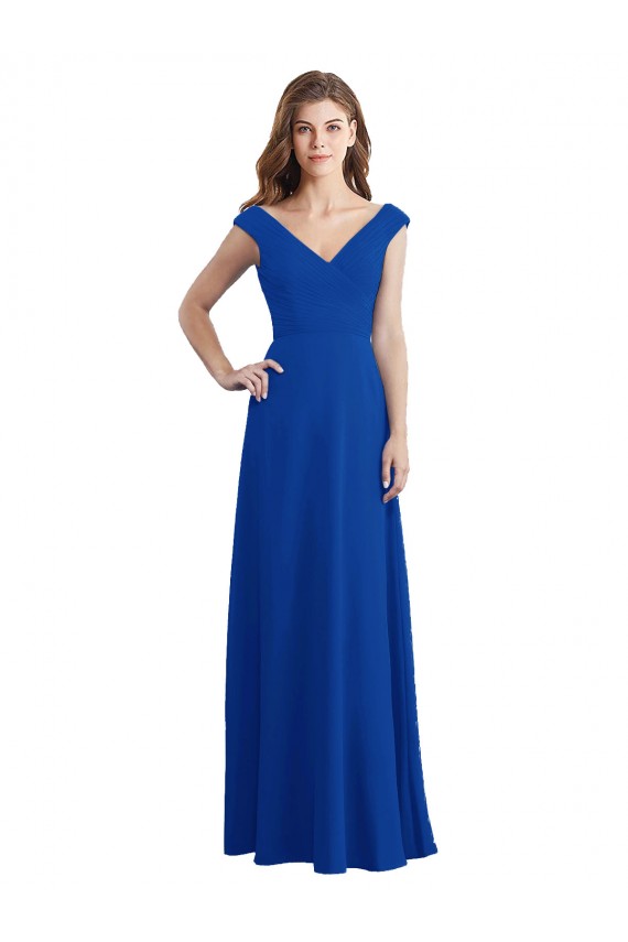 Best Draped Shoulder V-Neck Long Chiffon Bridesmaid Dress UK
